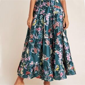 Anthropologie Tracie Tiered Ruffle Maxi Skirt in Teal Green Botanical Taffeta XS